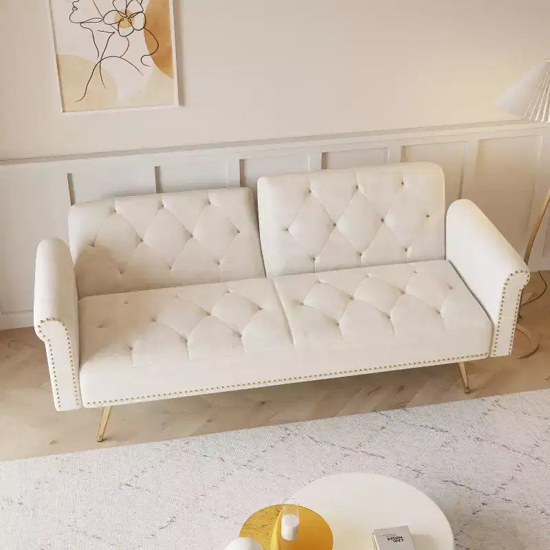 Canapé-lit moderne GDFStudio Ubon 70 en bois et velours, avec clous décoratifs et coussins