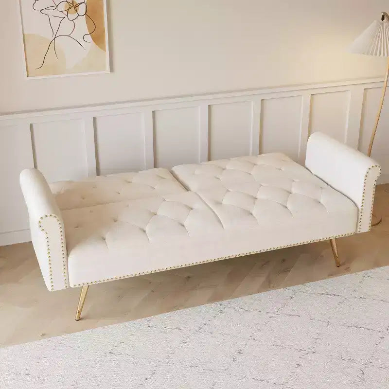 Canapé-lit moderne GDFStudio Ubon 70 en bois et velours, avec clous décoratifs et coussins