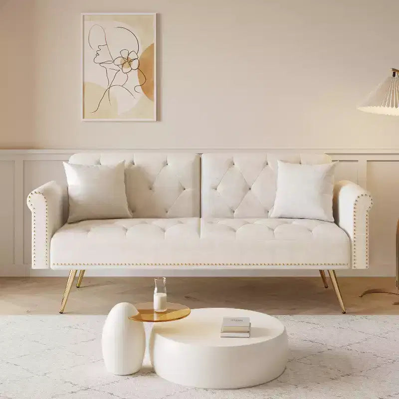 Canapé-lit moderne GDFStudio Ubon 70 en bois et velours, avec clous décoratifs et coussins