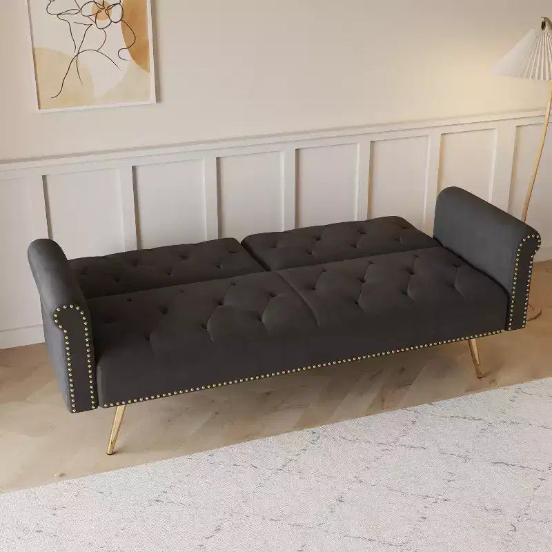Canapé-lit moderne GDFStudio Ubon 70 en bois et velours, avec clous décoratifs et coussins