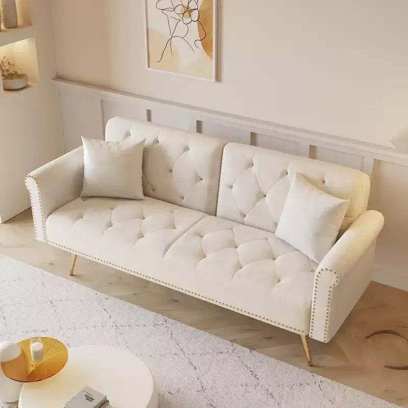GDFStudio Ubon Modern 70 Wooden Velvet Upholstered Sofa Bed with Nail Head Trim and Throw Pillow