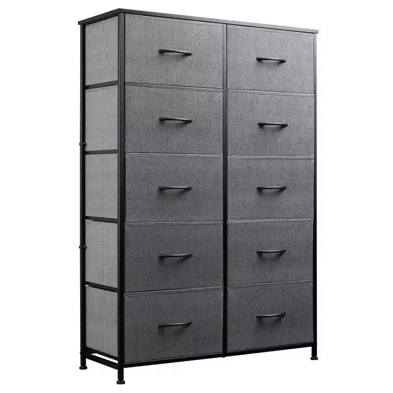 Metal Frame 10-Tier Fabric Drawer Cabinet, Gray Tall Vanity Storage Tower, Bedroom Living Room Closet Multifunctional Organizer