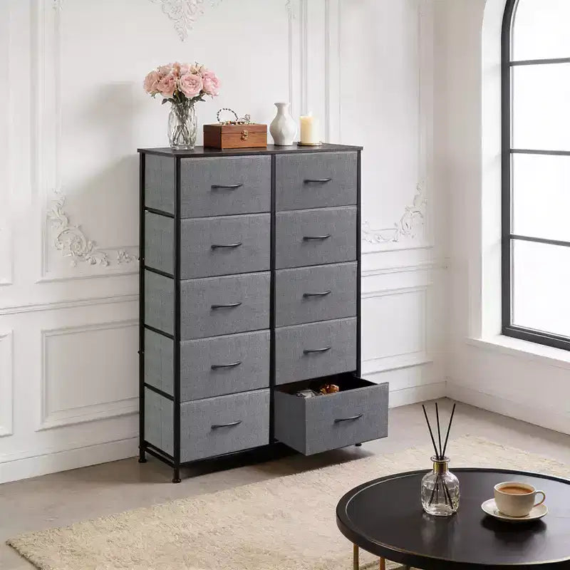 Meuble de rangement 10 tiroirs en tissu avec cadre métallique, Tour de rangement haute grise pour coiffeuse, Organisateur multifonctionnel pour chambre, salon, dressing
