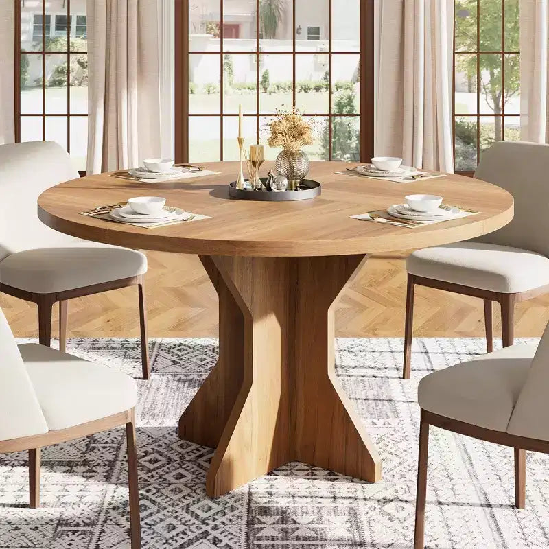 Table à manger ronde moderne de 47 pouces pour 4 à 6 personnes, base de piédestal robuste, design contemporain, peu encombrante pour appartement, salon, cuisine