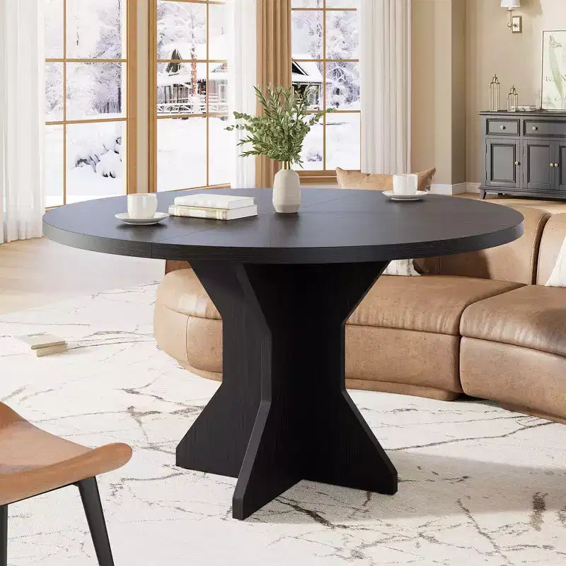 Table à manger ronde moderne de 47 pouces pour 4 à 6 personnes, base de piédestal robuste, design contemporain, peu encombrante pour appartement, salon, cuisine