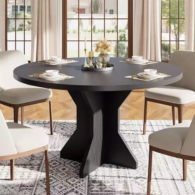 Table à manger ronde moderne de 47 pouces pour 4 à 6 personnes, base de piédestal robuste, design contemporain, peu encombrante pour appartement, salon, cuisine