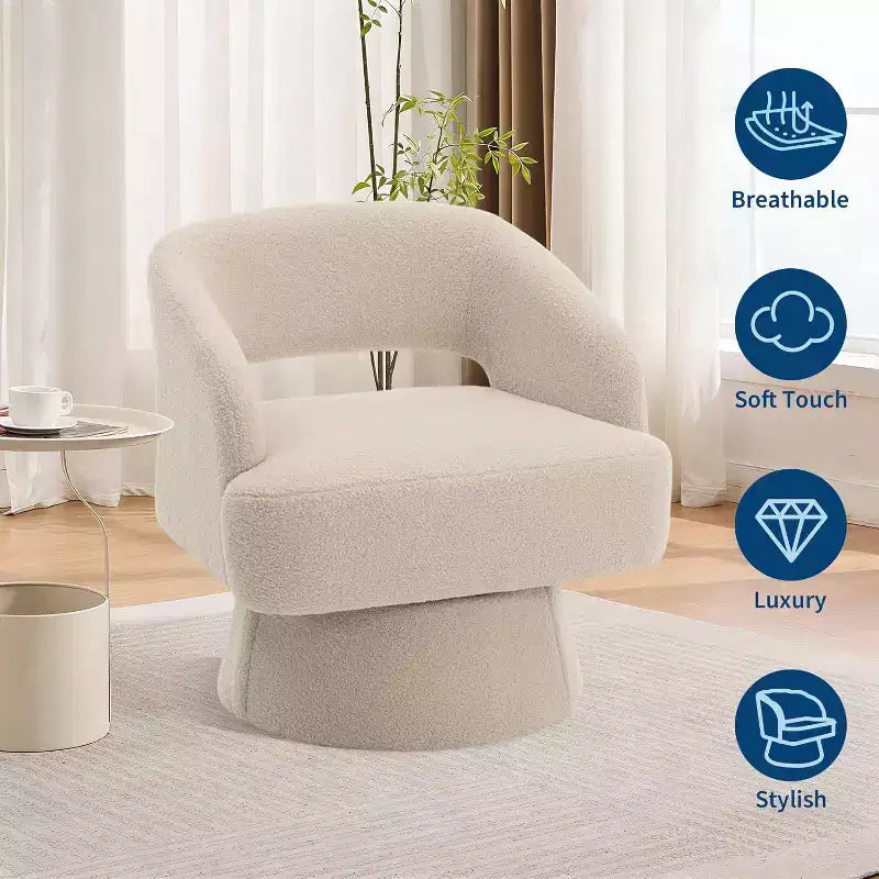 Fauteuil d'appoint pivotant en velours DobleePy avec dossier ouvert et base conique, fauteuil rembourré pivotant à 360° pour salon, chaise longue