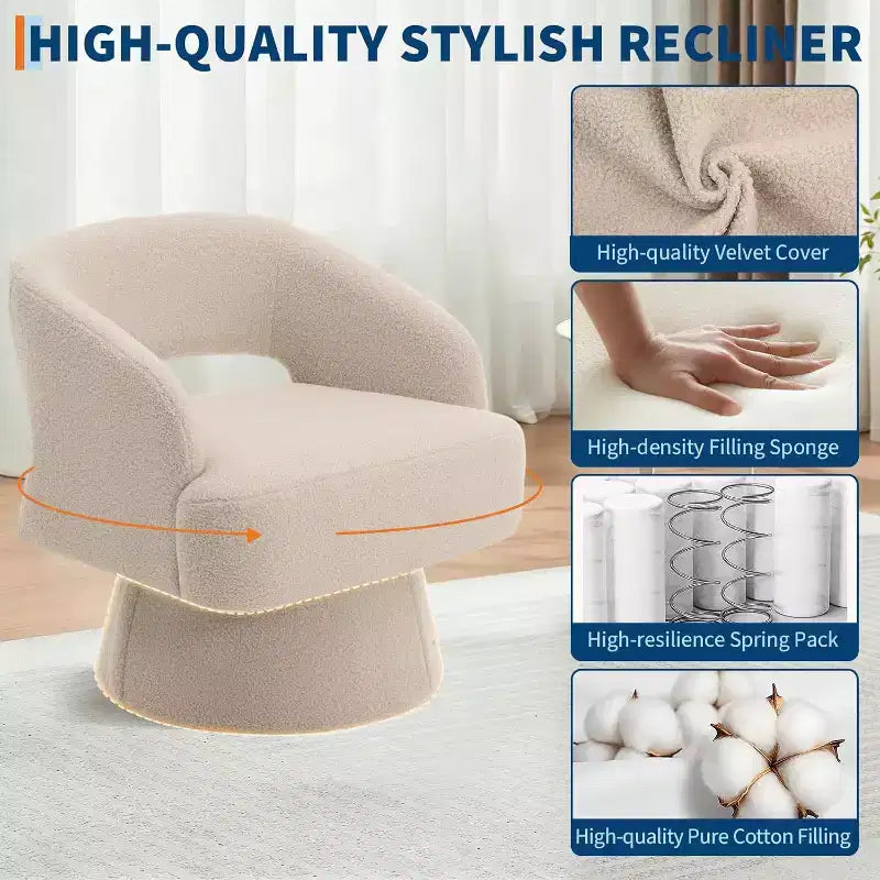 Fauteuil d'appoint pivotant en velours DobleePy avec dossier ouvert et base conique, fauteuil rembourré pivotant à 360° pour salon, chaise longue