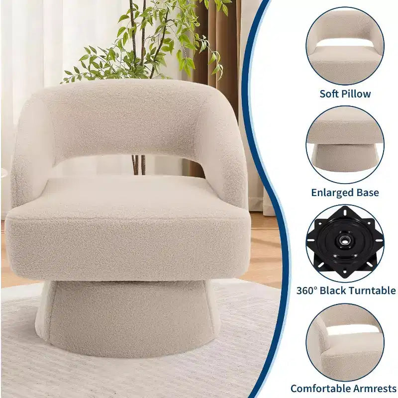 Fauteuil d'appoint pivotant en velours DobleePy avec dossier ouvert et base conique, fauteuil rembourré pivotant à 360° pour salon, chaise longue