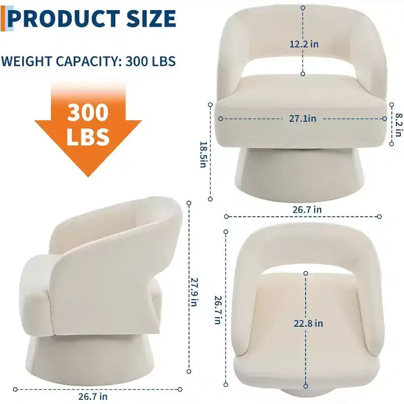 Fauteuil d'appoint pivotant en velours DobleePy avec dossier ouvert et base conique, fauteuil rembourré pivotant à 360° pour salon, chaise longue
