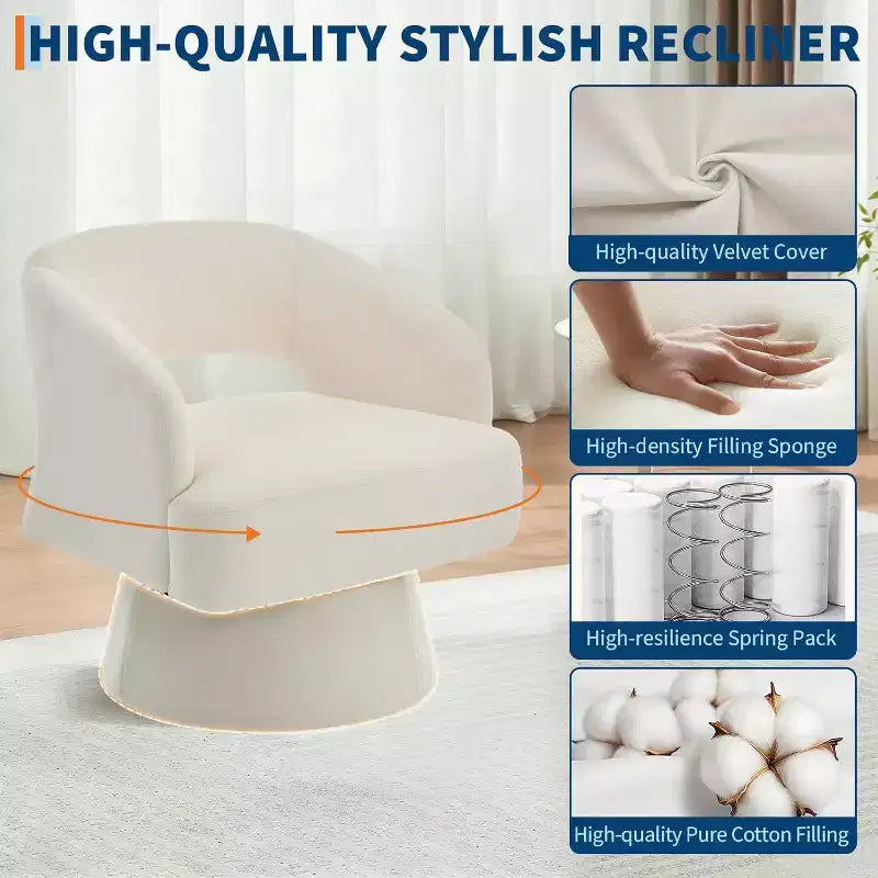 Fauteuil d'appoint pivotant en velours DobleePy avec dossier ouvert et base conique, fauteuil rembourré pivotant à 360° pour salon, chaise longue