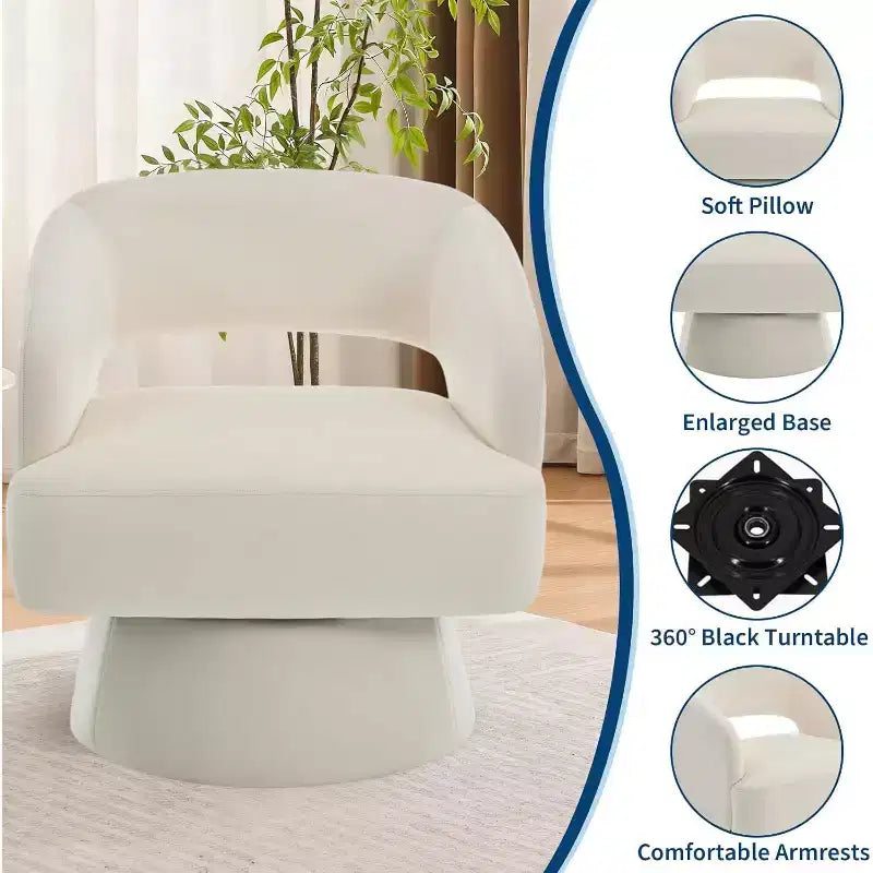 Fauteuil d'appoint pivotant en velours DobleePy avec dossier ouvert et base conique, fauteuil rembourré pivotant à 360° pour salon, chaise longue