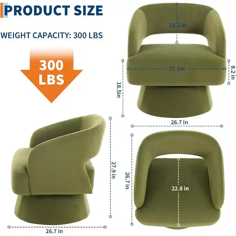 Fauteuil d'appoint pivotant en velours DobleePy avec dossier ouvert et base conique, fauteuil rembourré pivotant à 360° pour salon, chaise longue