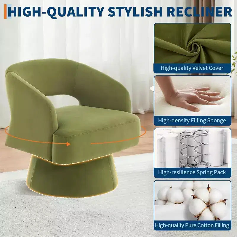 Fauteuil d'appoint pivotant en velours DobleePy avec dossier ouvert et base conique, fauteuil rembourré pivotant à 360° pour salon, chaise longue