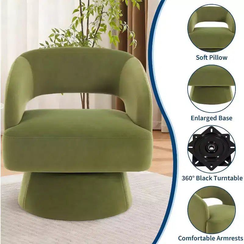 Fauteuil d'appoint pivotant en velours DobleePy avec dossier ouvert et base conique, fauteuil rembourré pivotant à 360° pour salon, chaise longue