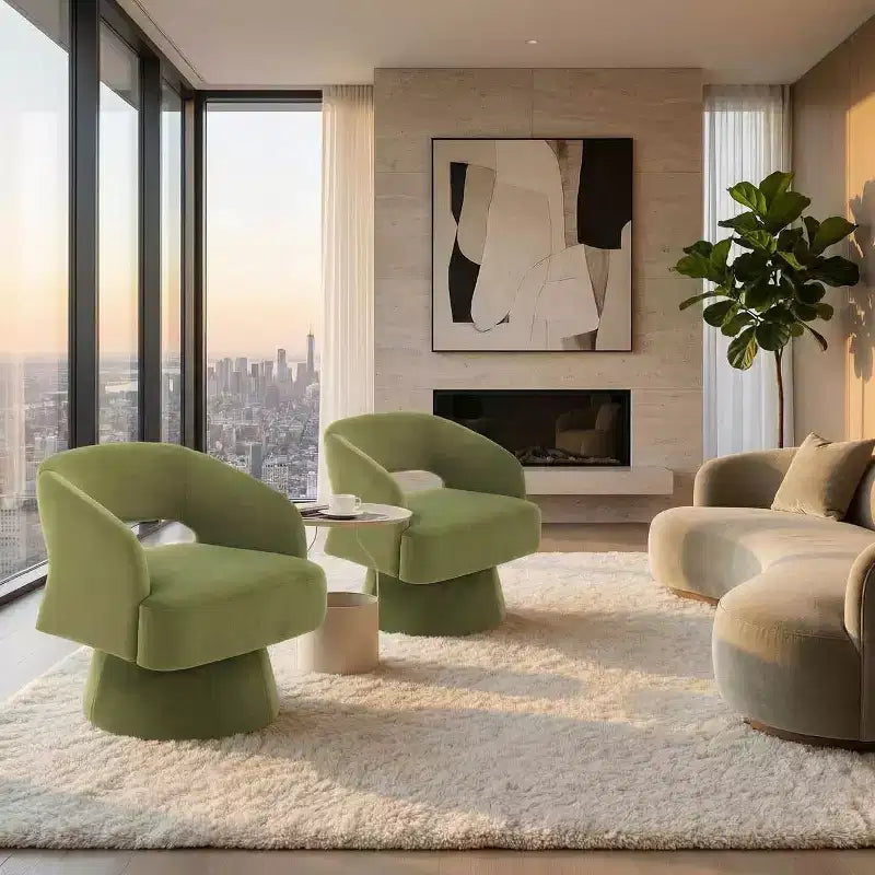 Fauteuil d'appoint pivotant en velours DobleePy avec dossier ouvert et base conique, fauteuil rembourré pivotant à 360° pour salon, chaise longue