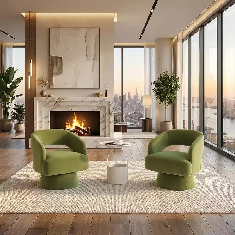 Fauteuil d'appoint pivotant en velours DobleePy avec dossier ouvert et base conique, fauteuil rembourré pivotant à 360° pour salon, chaise longue