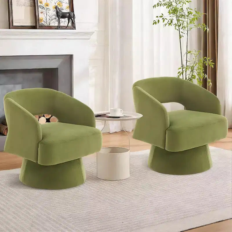 Fauteuil d'appoint pivotant en velours DobleePy avec dossier ouvert et base conique, fauteuil rembourré pivotant à 360° pour salon, chaise longue