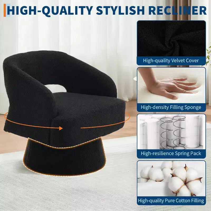 Fauteuil d'appoint pivotant en velours DobleePy avec dossier ouvert et base conique, fauteuil rembourré pivotant à 360° pour salon, chaise longue