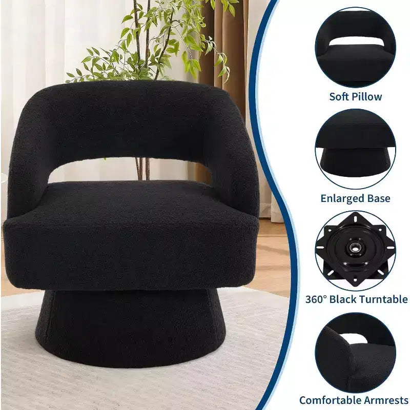 Fauteuil d'appoint pivotant en velours DobleePy avec dossier ouvert et base conique, fauteuil rembourré pivotant à 360° pour salon, chaise longue