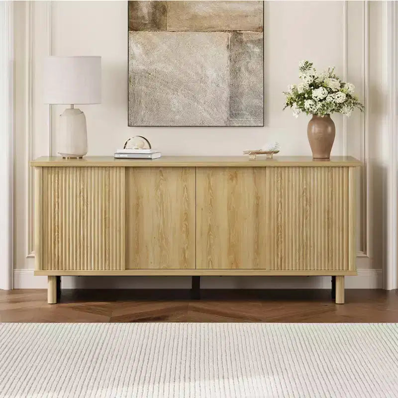 Meuble TV Bestier 58" pour téléviseurs 45/55/60/65", meuble TV de style Mid-Century avec portes coulissantes, console multimédia TV avec rangement pour salon et chambre