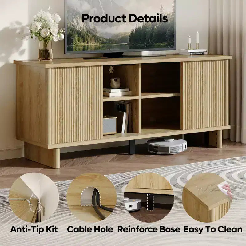 Meuble TV Bestier 58" pour téléviseurs 45/55/60/65", meuble TV de style Mid-Century avec portes coulissantes, console multimédia TV avec rangement pour salon et chambre