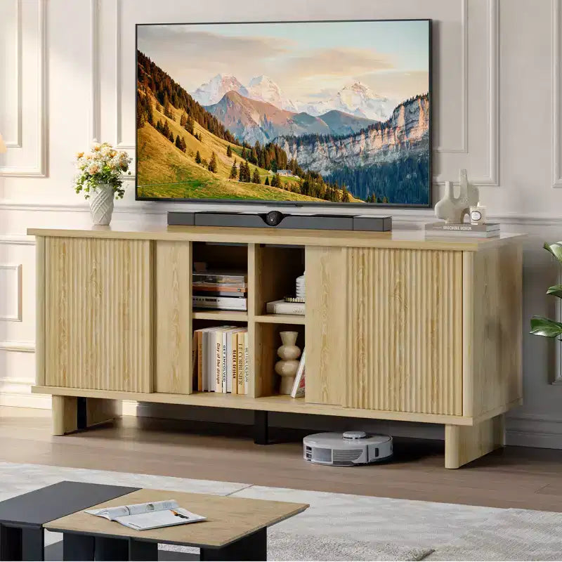 Meuble TV Bestier 58" pour téléviseurs 45/55/60/65", meuble TV de style Mid-Century avec portes coulissantes, console multimédia TV avec rangement pour salon et chambre