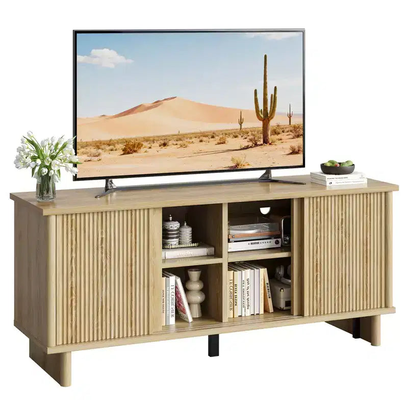 Meuble TV Bestier 58" pour téléviseurs 45/55/60/65", meuble TV de style Mid-Century avec portes coulissantes, console multimédia TV avec rangement pour salon et chambre