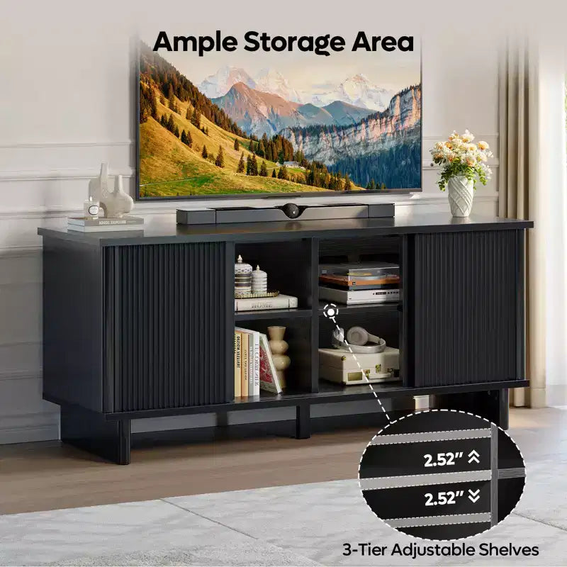 Meuble TV Bestier 58" pour téléviseurs 45/55/60/65", meuble TV de style Mid-Century avec portes coulissantes, console multimédia TV avec rangement pour salon et chambre