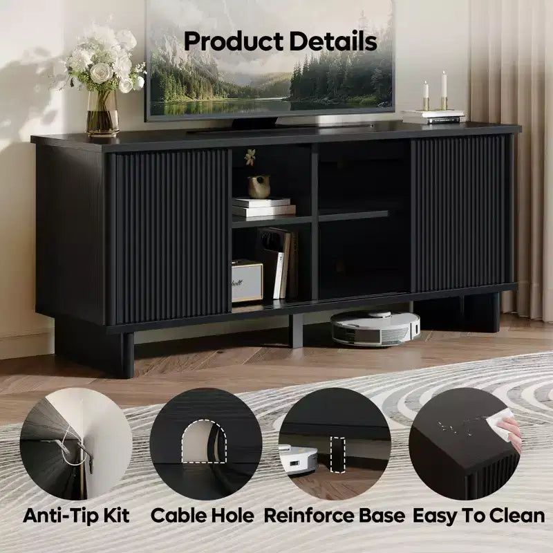 Meuble TV Bestier 58" pour téléviseurs 45/55/60/65", meuble TV de style Mid-Century avec portes coulissantes, console multimédia TV avec rangement pour salon et chambre