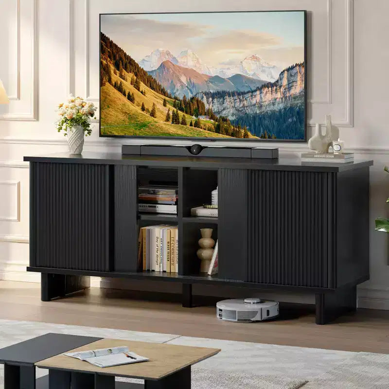 Meuble TV Bestier 58" pour téléviseurs 45/55/60/65", meuble TV de style Mid-Century avec portes coulissantes, console multimédia TV avec rangement pour salon et chambre