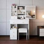 JVNOXK 29.2 Compact Vanity Dresser + Cushioned Stool, Left Drawer, Extra Large Sliding Mirror, Multi-Layer Storage for Small Space