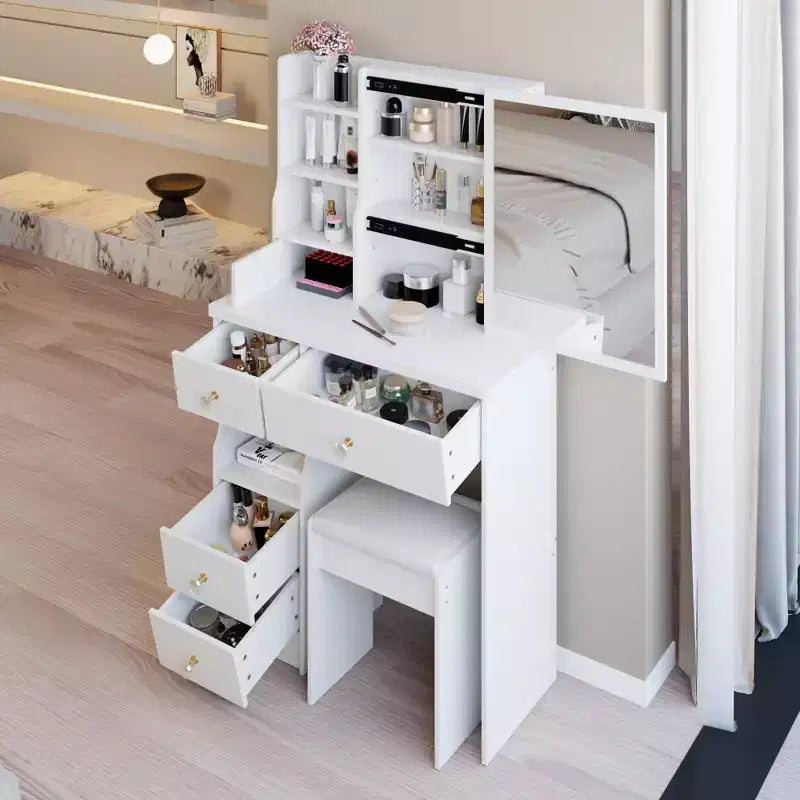JVNOXK 29.2 Coiffeuse compacte avec tabouret rembourré, tiroir gauche, grand miroir coulissant, rangement multi-niveaux pour petits espaces