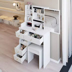 JVNOXK 29.2 Coiffeuse compacte avec tabouret rembourré, tiroir gauche, grand miroir coulissant, rangement multi-niveaux pour petits espaces