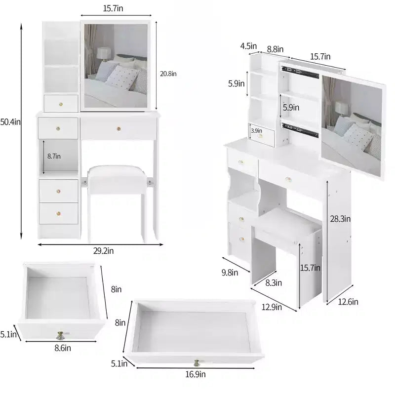 JVNOXK 29.2 Coiffeuse compacte avec tabouret rembourré, tiroir gauche, grand miroir coulissant, rangement multi-niveaux pour petits espaces