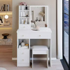 JVNOXK 29.2 Coiffeuse compacte avec tabouret rembourré, tiroir gauche, grand miroir coulissant, rangement multi-niveaux pour petits espaces