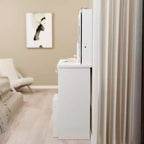 JVNOXK 29.2 Coiffeuse compacte avec tabouret rembourré, tiroir gauche, grand miroir coulissant, rangement multi-niveaux pour petits espaces