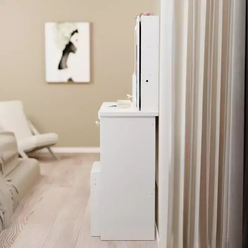 JVNOXK 29.2 Coiffeuse compacte avec tabouret rembourré, tiroir gauche, grand miroir coulissant, rangement multi-niveaux pour petits espaces