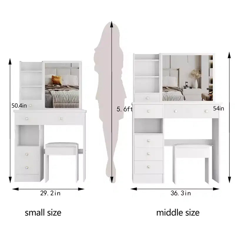 JVNOXK 29.2 Coiffeuse compacte avec tabouret rembourré, tiroir gauche, grand miroir coulissant, rangement multi-niveaux pour petits espaces