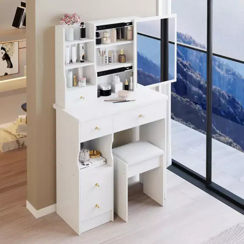 JVNOXK 29.2 Coiffeuse compacte avec tabouret rembourré, tiroir gauche, grand miroir coulissant, rangement multi-niveaux pour petits espaces