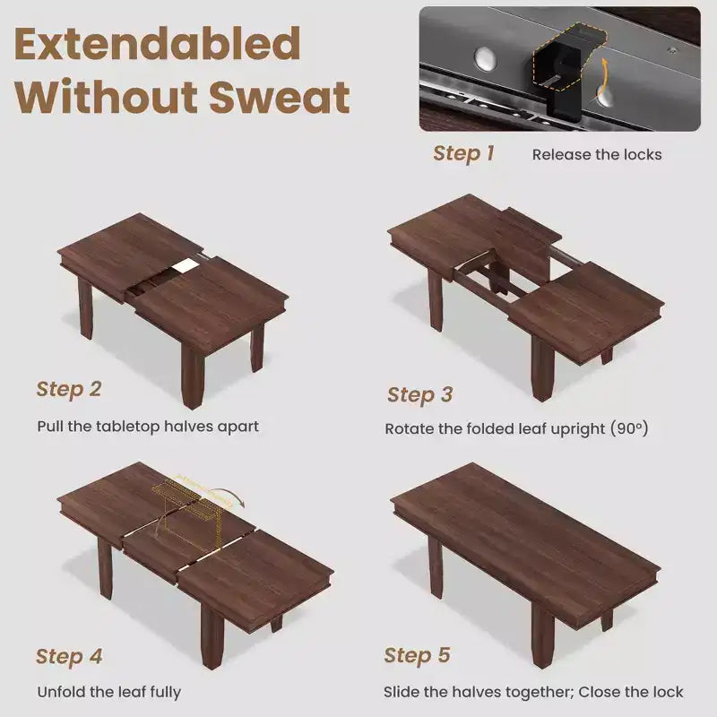 Table à manger extensible en bois massif pour 6 à 10 personnes, de 160 cm à 220 cm - Montage facile pour cuisine et salle à manger, chaises non incluses