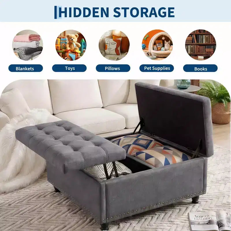 Banc ottoman de rangement 89 cm, banc de table basse rembourré capitonné avec plateau relevable, repose-pieds carré multifonctionnel pour couloir, salon, chambre à coucher