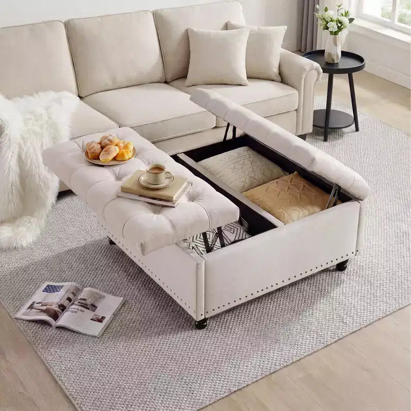 Banc ottoman de rangement 89 cm, banc de table basse rembourré capitonné avec plateau relevable, repose-pieds carré multifonctionnel pour couloir, salon, chambre à coucher