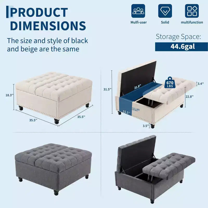 Banc ottoman de rangement 89 cm, banc de table basse rembourré capitonné avec plateau relevable, repose-pieds carré multifonctionnel pour couloir, salon, chambre à coucher