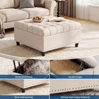 Banc ottoman de rangement 89 cm, banc de table basse rembourré capitonné avec plateau relevable, repose-pieds carré multifonctionnel pour couloir, salon, chambre à coucher