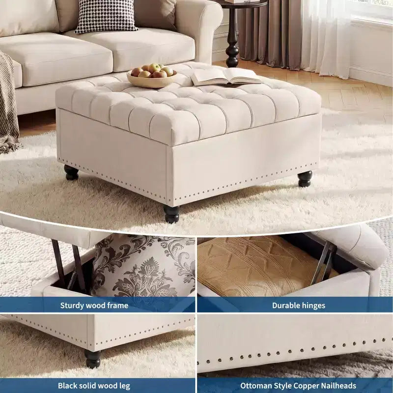 Banc ottoman de rangement 89 cm, banc de table basse rembourré capitonné avec plateau relevable, repose-pieds carré multifonctionnel pour couloir, salon, chambre à coucher