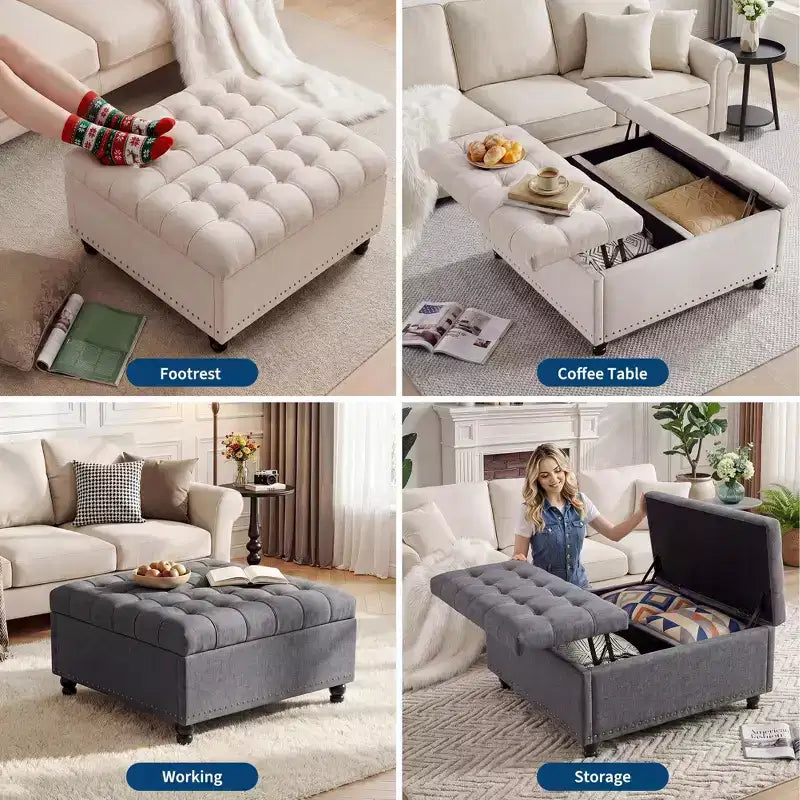 Banc ottoman de rangement 89 cm, banc de table basse rembourré capitonné avec plateau relevable, repose-pieds carré multifonctionnel pour couloir, salon, chambre à coucher