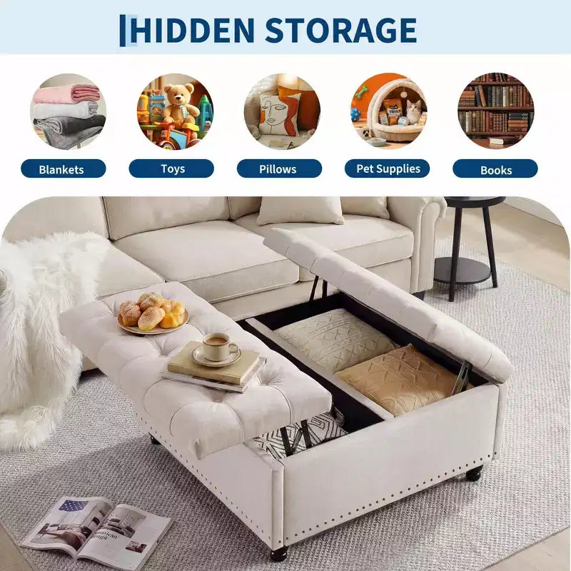 Banc ottoman de rangement 89 cm, banc de table basse rembourré capitonné avec plateau relevable, repose-pieds carré multifonctionnel pour couloir, salon, chambre à coucher
