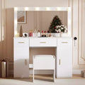 GustoWave 45 Vanity Desk with Large Mirror, White Makeup Table with 3 Drawers & 2 Cabinets, Hidden Storage Stool for Bedroom