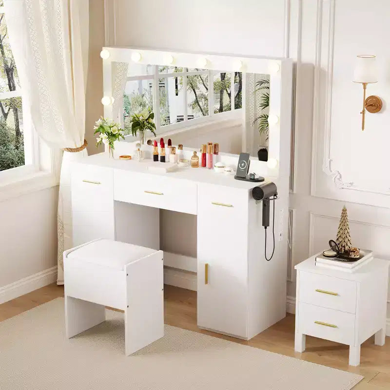 Coiffeuse GUSTOWAVE 45 avec grand miroir, table de maquillage blanche avec 3 tiroirs et 2 armoires, tabouret de rangement caché pour chambre à coucher